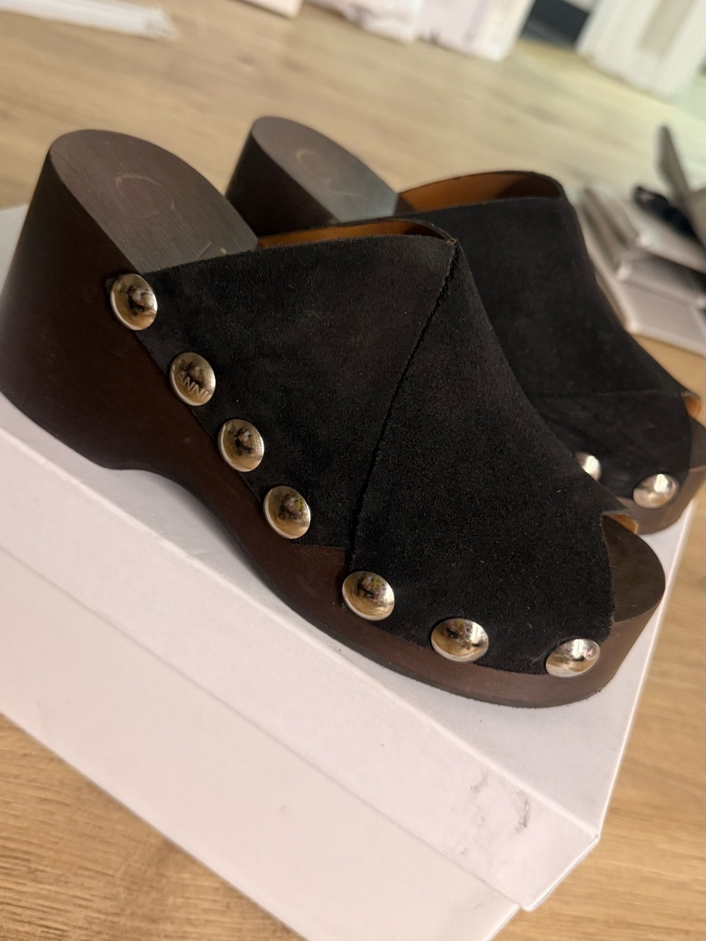 GANNI Retro Peep Toe Suede Clog